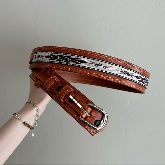 Southwestern Brown Leather Woven Patterned Belt Cowboy Rodeo - Picture 1 of 13